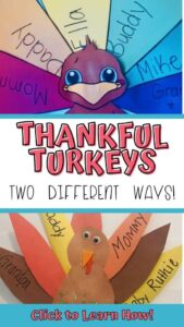 Pinterest pin showing two different ways to make a thankful turkey.