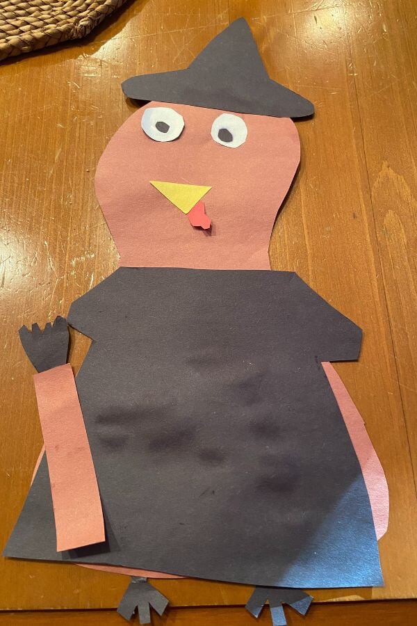 Construction paper turkey disguised as a witch.