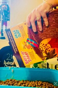 pouring cocoa puffs into a sensory bin